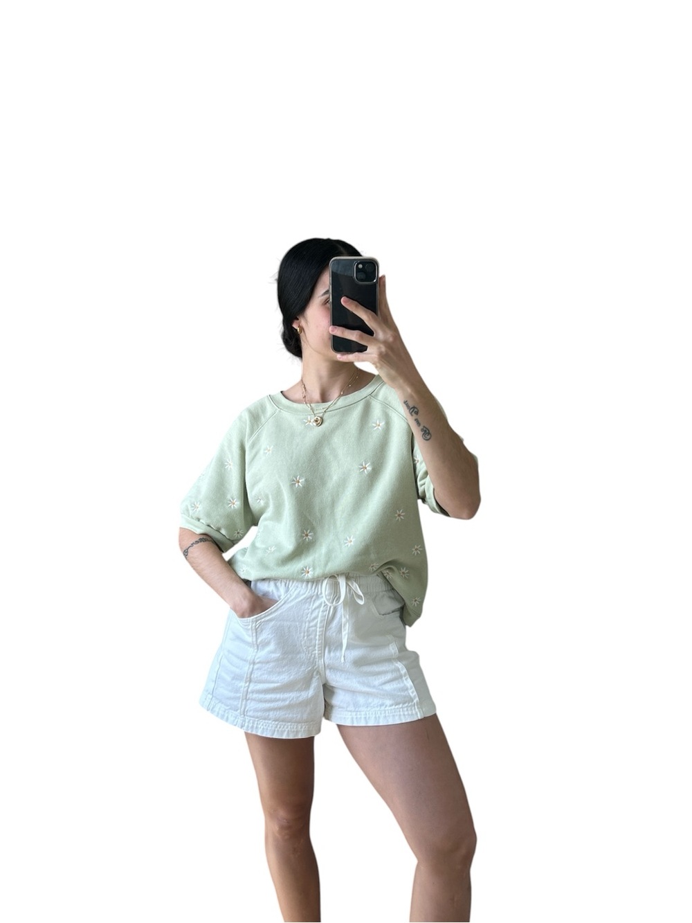 Madewell Daisy Embroidered Sweatshirt Green Short Sleeve Top Size Medium